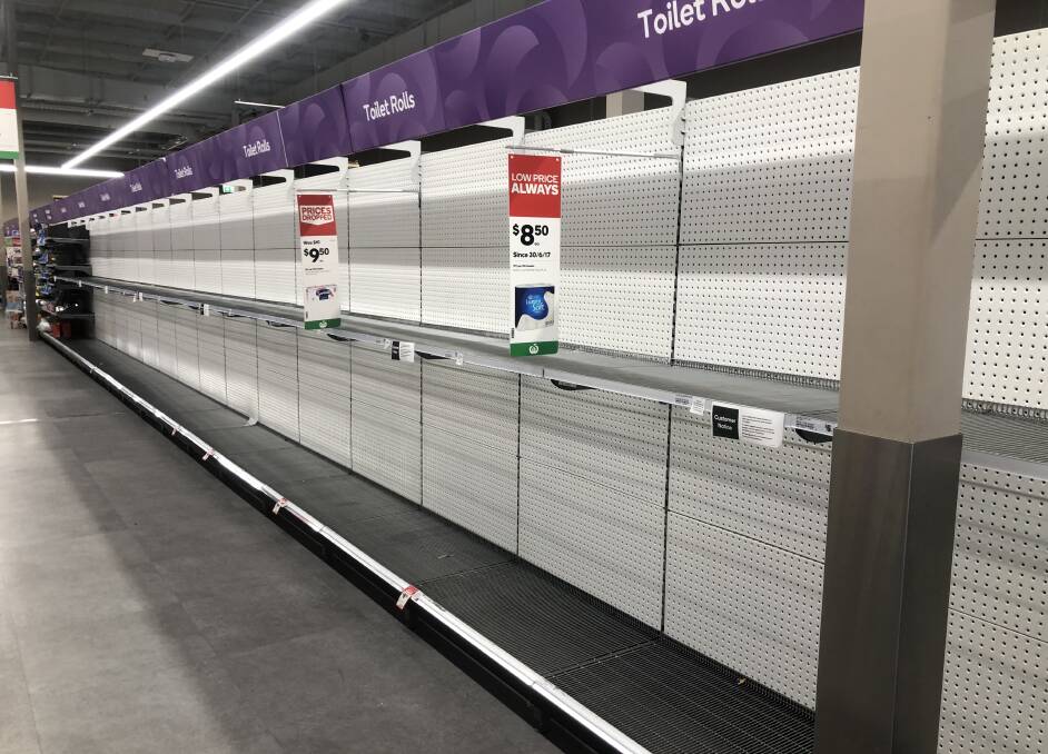 EMPTY: There was no toilet paper available at the Wodonga Woolworths at 1pm on Monday. Woolworths has confirmed they are making deliveries to the store, and others in Albury-Wodonga, every day.
