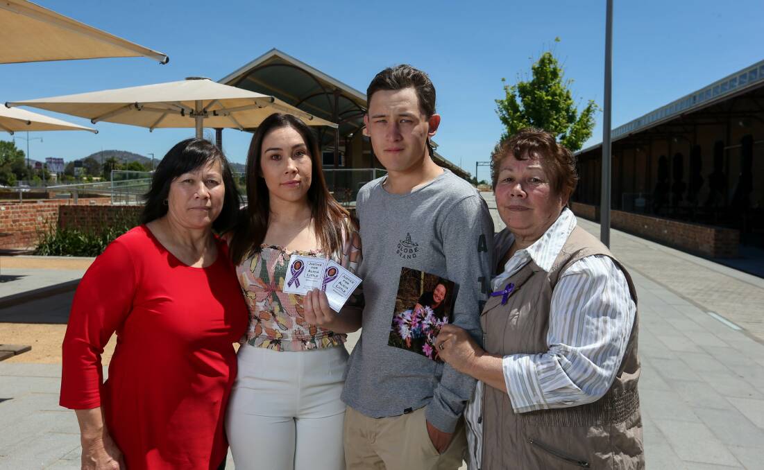 ALICIA'S VOICE: Alicia's aunty Kim Quay, cousin Jenna Fraser, son Ariki Thatcher and mother Lee Little in Wodonga last week. They are fighting for tougher penalties and a national database. Picture: TARA TREWHELLA
