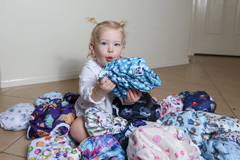 NAPPIES: Thurgoona's Ruby Scammell, 18 months, has worn cloth nappies full time for about 12 months after her mother Sharlet made the switch. Picture: TARA TREWHELLA