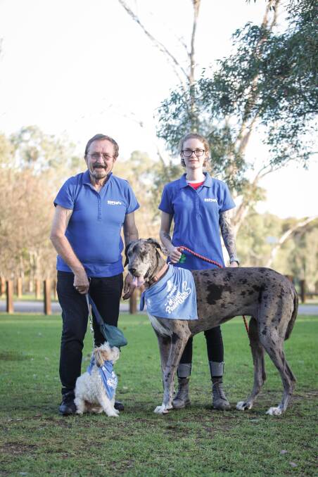 GREAT AND SMALL: RSPCA volunteers Arthur Frauenfelder and Moet with Chloe Cooper and Koda are urging all dog lovers to take part in the Million Paws Walk on May 19. Picture: JAMES WILTSHIRE
