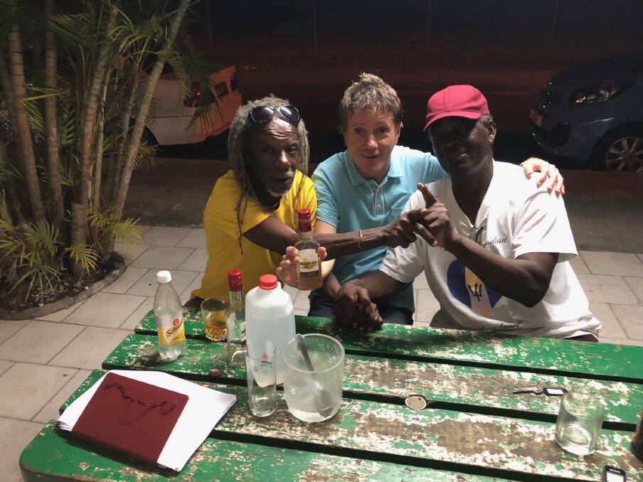 CARIBBEAN MEETING: Author Ashley Gray, centre, with former international cricketers David Murray, left, and Collis King in Barbados. Picture: Courtesy, Ashley Gray 