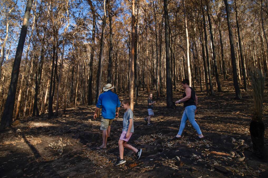 The Eddy family inspecting the bush just behind their home. Picture: Marina Neil