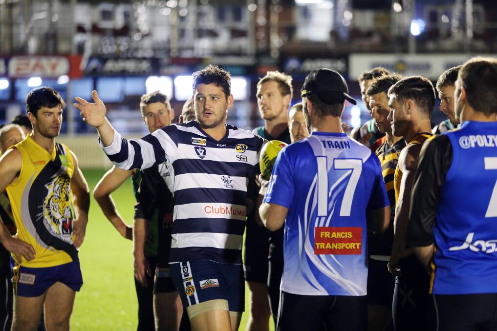 O and M coach Brendan Fevola makes it clear to his charges during training at Albury Sportsground last night what he will expect of them when they take on Peninsula tomorrow.
Picture: JOHN RUSSELL