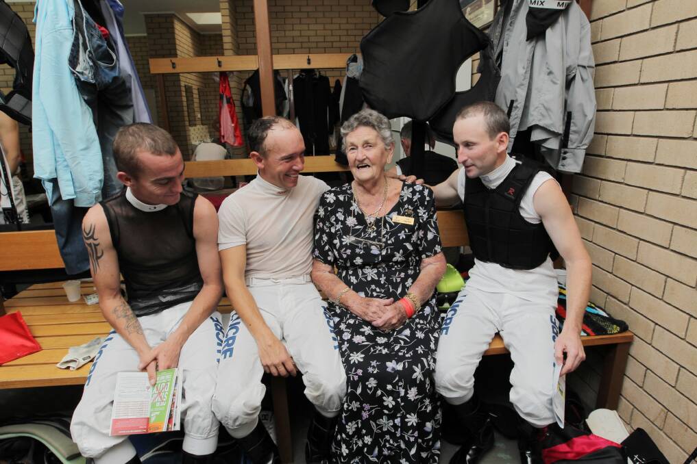 It’s all smiles when the jockeys at Albury racecourse — including Adam Gain from Cowra, Bradley Vale from Berrigan and Andrew Bloomfield from Wagga — get a visit from Albury Racing Club matriarch Pat Freyer. Mrs Freyer doesn’t mind telling a few jokes, but warns she won’t tolerate swearing.