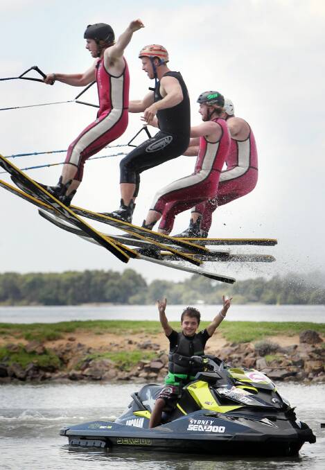 Mulwala Waterski Club’s Mitch Stedman, Ash Milner, Lachlan Stedman, and Boden Strawhorn salute Ashton Coen in their own way before, below, a hug from proud mum, Dawn.  Pictures: KYLIE ESLER