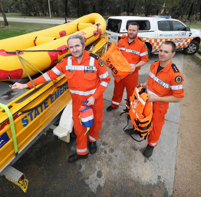 Albury SES public information officer Tim Keown, rescue deputy controller Shane Walters and unit controller Scott Richter, who are warning Border residents to prepare for the coming days, which should bring a lot of wet and wild weather to the Border. Picture: MATTHEW SMITHWICK