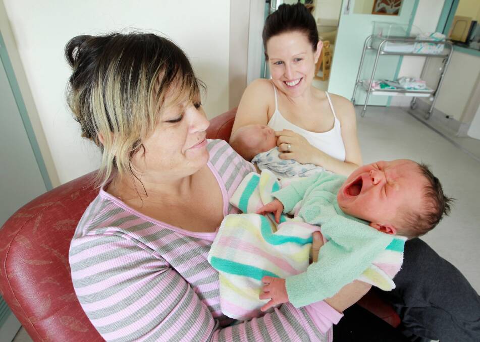 Michelle Roberts and Ruby-Joy Pawson, two days, with Nicole Larkin and Jake Menhenett, four days, at Wodonga Hospital. Mothers are now giving birth later in life. Picture: KYLIE ESLER