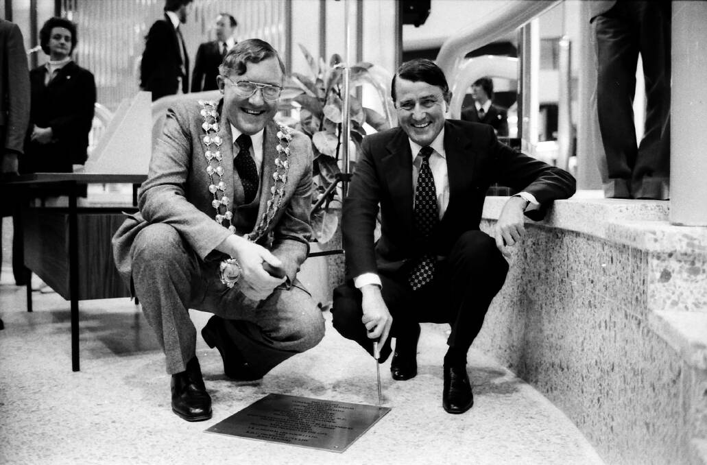 Neville Wran, right, opens Border Shoppingtown with then Albury mayor John Roach in July, 1979.