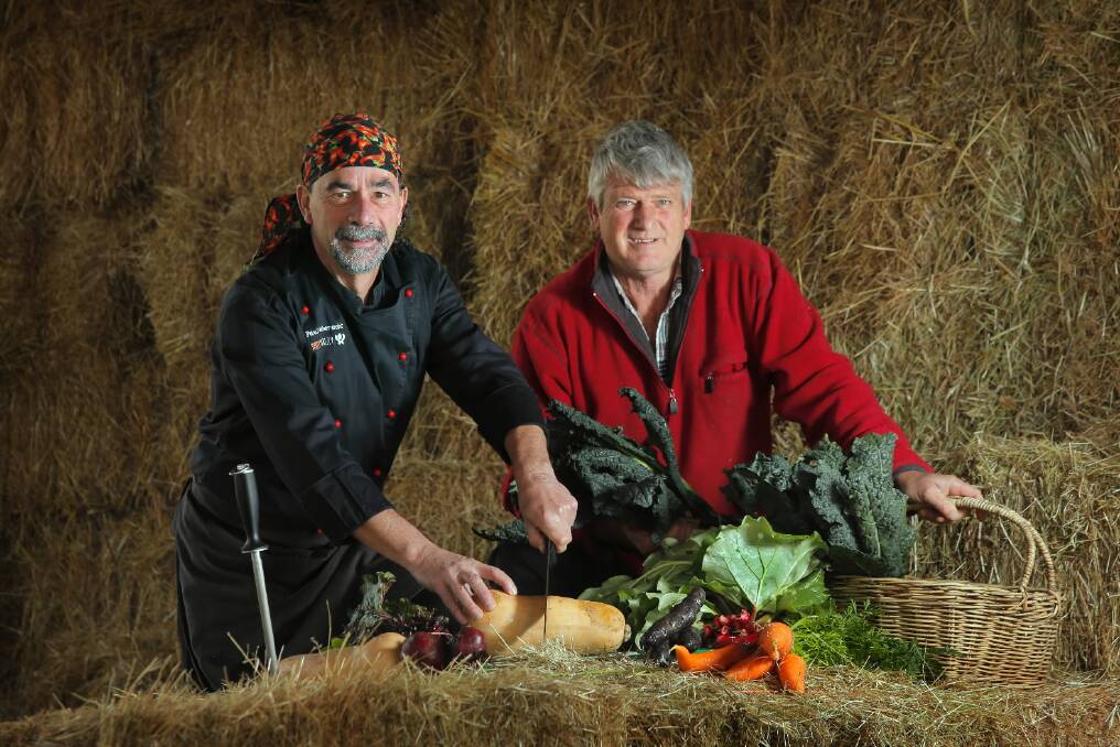 Smart Hospitality chef Paul Haberecht and Willowbank co-owner Byron Gray are gearing up for some useful cooking demonstrations at tomorrow’s Hume Murray Farmers’ Market. Picture: TARA GOONAN