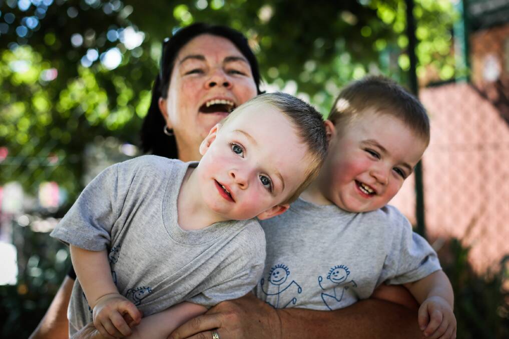 Double the love ... Wodonga’s Sarah Pantling with her two special boys, twins Rhys and Josh, 2. Picture: DYLAN ROBINSON