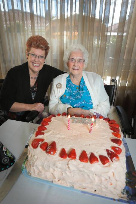 Daughter Kaylene Park and Freda Hadley celebrate her 100th birthday. Picture: TARA GOONAN