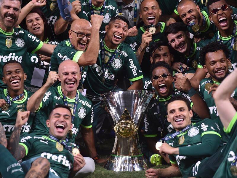 Palmeiras players and staff celebrate after winning the club's 12th Brazilian Serie A title. (EPA PHOTO)