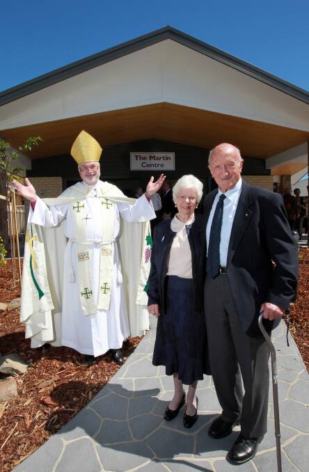 Wangaratta Bishop John Parkes and Helen and John Martin celebrated the completion of the first stage of the redevelopment at the St Matthew’s Retirement Village. Picture: KYLIE ESLER