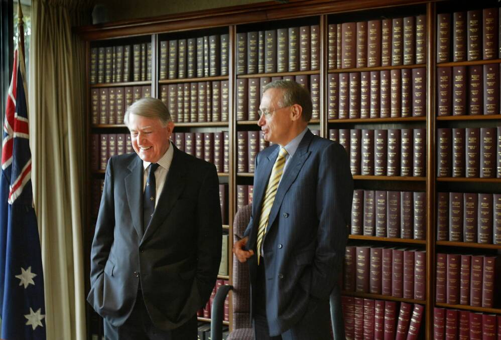 Two premiers in conversation ... Neville Wran and Bob Carr reminisce in state Parliament in 2005.
