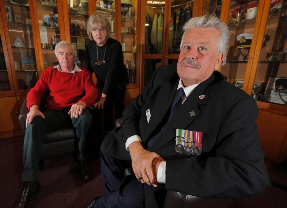 Theatre company president David McKay, member Pamela Thomas and secretary John Eldrid have worked hard on Beechworth’s Anzac program and the play The One Day of the Year. Picture: KYLIE ESLER