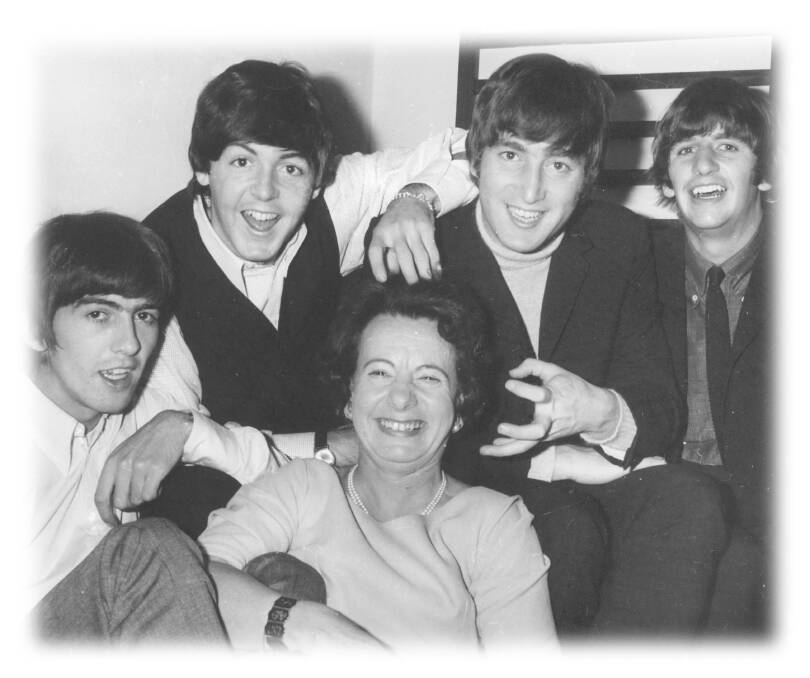 Betty Stewart with The Beatles George Harrison, Paul McCartney, John Lennon and Ringo Starr during their Australian tour in 1964.