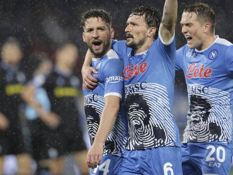 Napoli celebrate the goal of Dries Mertens (l) in their big Serie A home win over Lazio.