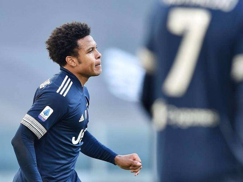 American Weston McKennie wheels away after scoring Juve's second goal in the 2-0 win over Bologna.