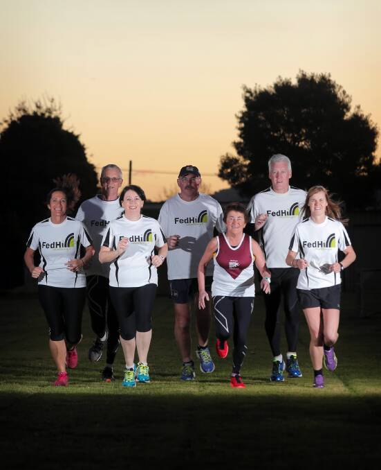 Some of the over 50s group preparing for the Fed Hill Challenge are (back) Mike Mellor, Steve Wilson and Des Rees and (front) Leanne Cooper, Debbie Jones, Nadia Mellor and Chris Wilson. Picture: TARA GOONAN
