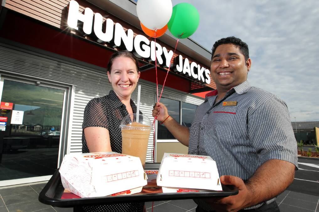 Hungry Jack’s operations manager Tamara Pickard and restaurant manager Vikram Gujral celebrate the opening of the new store at White Box Rise in Wodonga. Picture: DAVID THORPE