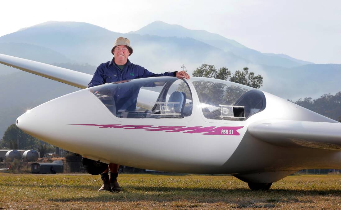 Mark Bland with an ASK 21 two-seater glider used in this week’s training program at Mount Beauty. Picture: KYLIE ESLER