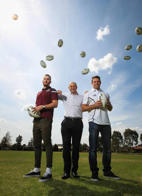 Manly’s Clint Gutherson, NRL head of football Todd Greenberg and Newcastle Knights assistant coach Danny Buderus visited Albury for a school clinic yesterday.