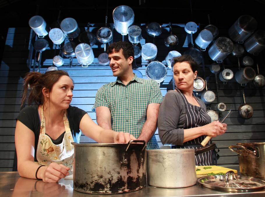 Emma Jackson, Fayssal Bazzi and Mel King, of Force Majeure and Belvoir Street Theatre, opened their production of Food at the HotHouse Theatre last night. Picture: KYLIE ESLER