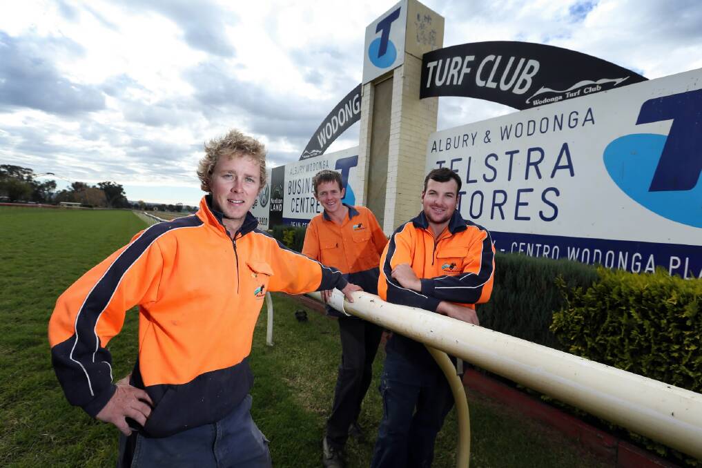 New Wodonga racecourse manager Dustin Cundy and assistants Jack Maher and Milham Talbot. Picture: MATTHEW SMITHWICK