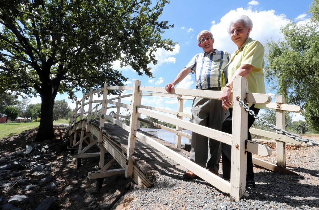 Athenaeum vice president Bill Steele and resident Eunice DePiazza are working to preserve the bridge over the Lake Anderson spillway. Picture: JOHN RUSSELL