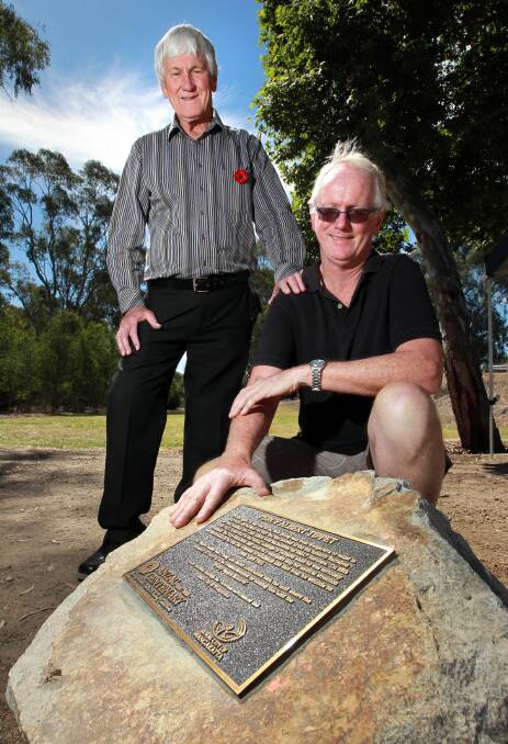 Percy Tippet’s nephew, Ivan Tippet, and great nephew-in-law Steve Mulqueen at the naming of Percy Tippet Reserve yesterday. Picture: KYLIE ESLER