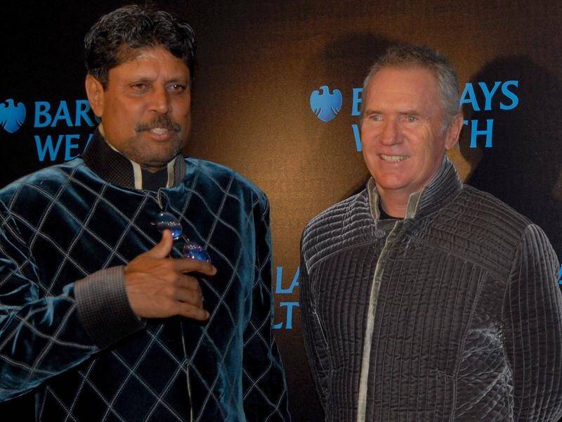 Ex-India cricket captain Kapil Dev (l), here with Allan Border, is recovering in a Delhi hospital.