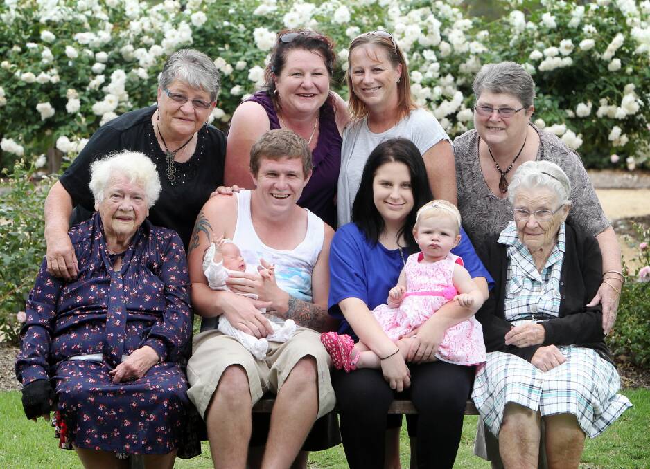 The very special addition of Harper has made it five generations on both sides. Back Row: Susan Wilkinson, Cheryl McIntyre, Joanne Campbell and Dianne O’Dwyer. Front Row: Daphne Paull, Beau McIntyre, 19, from Wodonga holding two-week-old Harper McIntyre, Taylor Walsh, 17, from Wodonga holding 11-month-old Alexis Campbell and Hazel Clarkson. Picture: KYLIE ESLER
