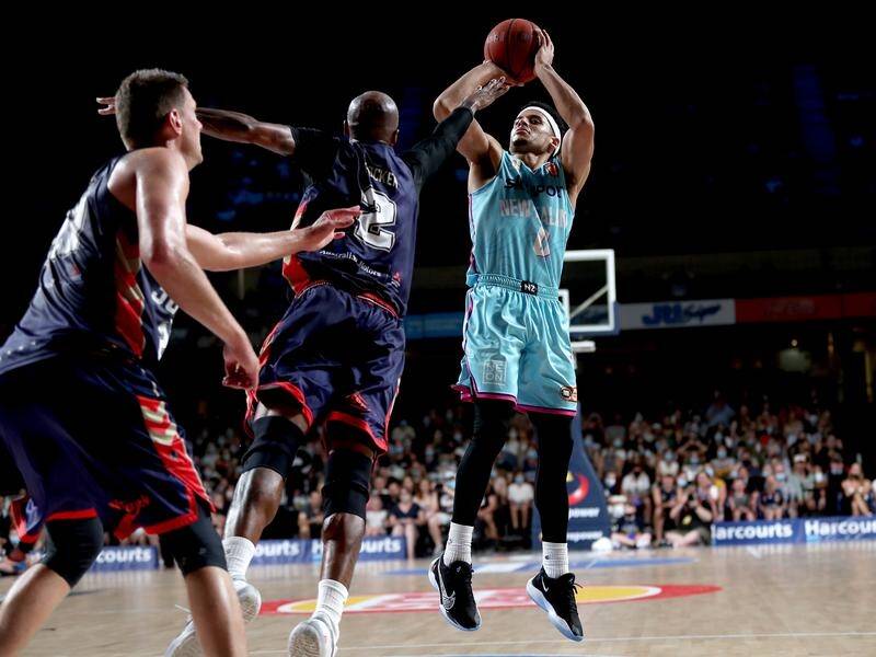 Tai Webster (r) scored 29 points as the New Zealand Breakers beat Adelaide 106-62 in the NBL Cup.