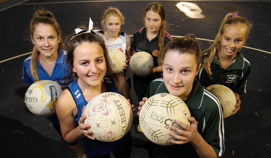 Breanna Clark, 16, Darby Griffin, 17, Brydie Smith, 12, Chelsea Smith, 14, Maddie McInness, 12, and Eliza York, 11, are all in line to play for the Corowa District at a netball carnival later this year. Picture: KYLIE ESLER