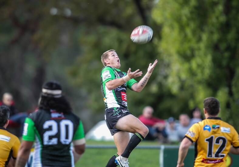 Thunder’s Ben Jeffery strikes a classic pose as the lone man up for the ball against Gundagai.