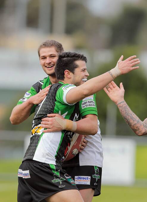 Thunder’s Cameron Breust is keen to celebrate another try or two with Jake Grace, against Gundagai at Anzac Park tomorrow.