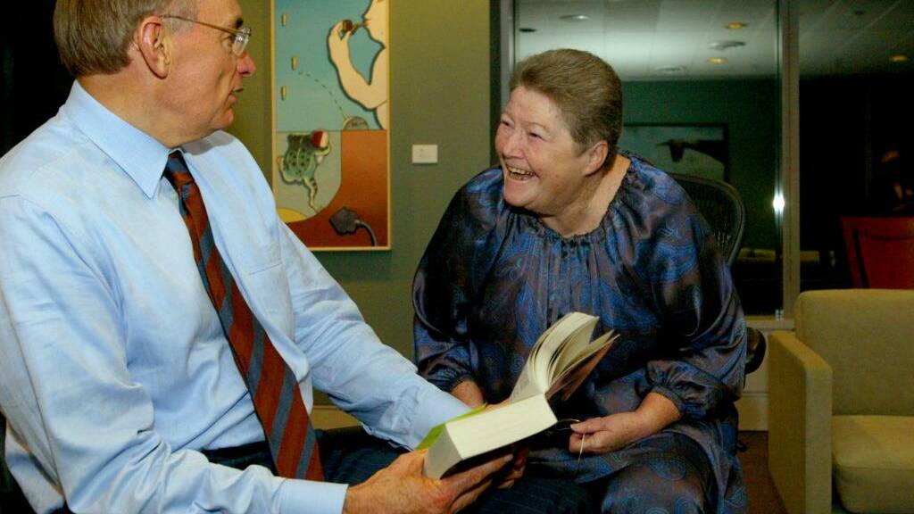 Then Premier Bob Carr with author Colleen McCullough discussing Roman history as a prelude to their Sydney Writers Festival session, in May 2004.