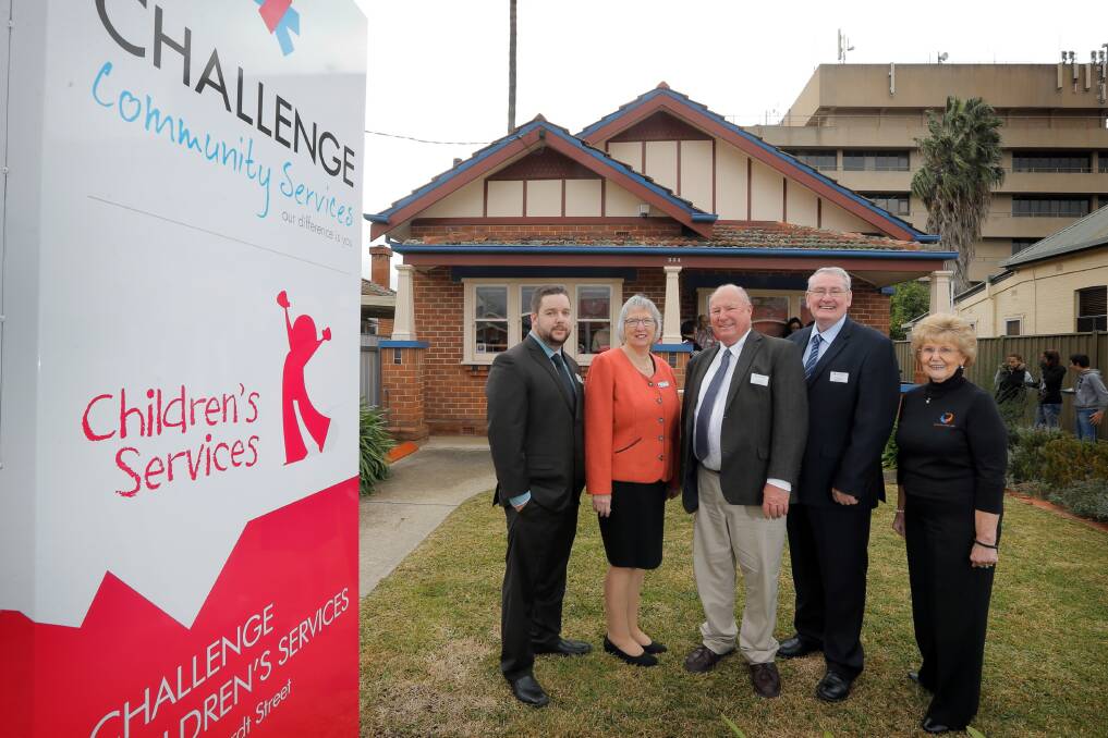 Challenge’s regional manager Stephen Doley, Murrumbidgee Family and Community Services director Glynis Ingram, Challenge chairman Ted Wilkinson, chief Barry Murphy and Connecting Carers NSW’s Jill De-Ath at the opening. Picture: TARA GOONAN