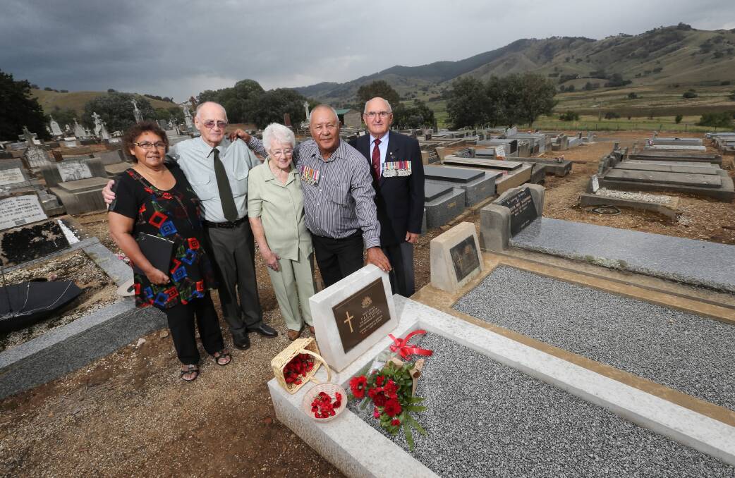 Mary Barron (Kevin’s partner), Frank Webb, Jean Merbach, Kevin Barron and Geoff McCormack led the belated tribute for Fred Barron, more than 50 years after his death. Picture: JOHN RUSSELL