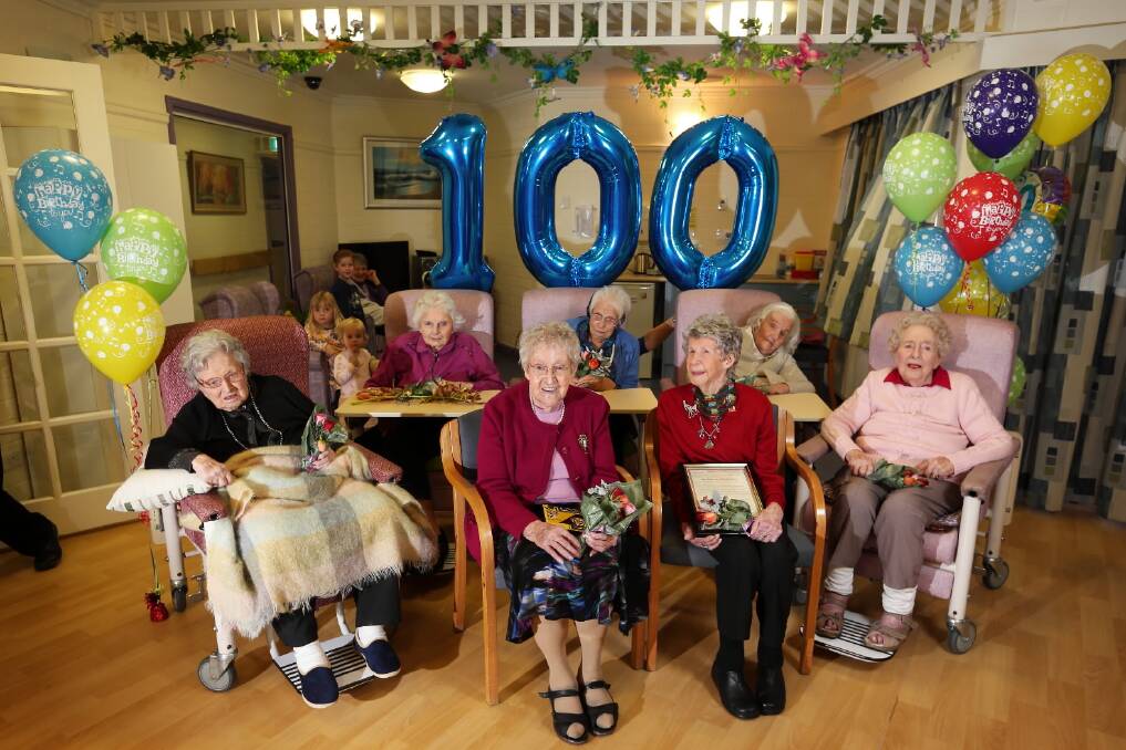Emily Adams, Monica Goonan, Lorna Anderson, Ada Maddock, Hazel Fox, Elizabeth Gray, and Lila Govett are part of a 100-year-old club at Yackandandah Health. The seven ladies have lived active and happy lives. Picture: MATTHEW SMITHWICK