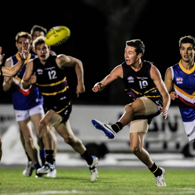 Bushrangers’ Murray Waite kicks in the TAC Cup match at Wangaratta against Eastern Ranges. Pictures: DYLAN ROBINSON
