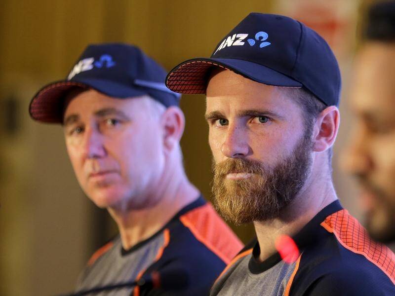 New Zealand cricket captain Kane Williamson (centre) and coach Gary Stead.