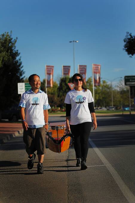 Vietnamese refugee Tri Nguyen is walking from Melbourne to Canberra with Iranian asylum seeker Linda Kasravi. He wants to thank Australia for the way he was treated. Picture: Dylan Robinson