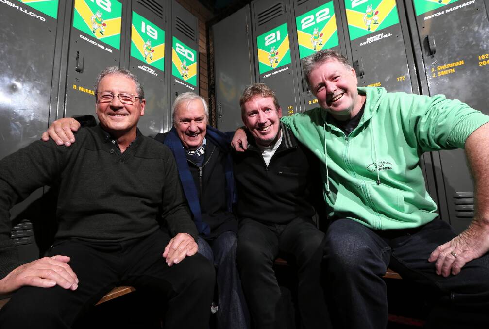 North Albury’s 1984 premiership heroes Martin Cross, Peter Westland, Terry Farrell and Tim Taylor catch up this week ahead of the club’s 30-year reunion. Picture: JOHN RUSSELL