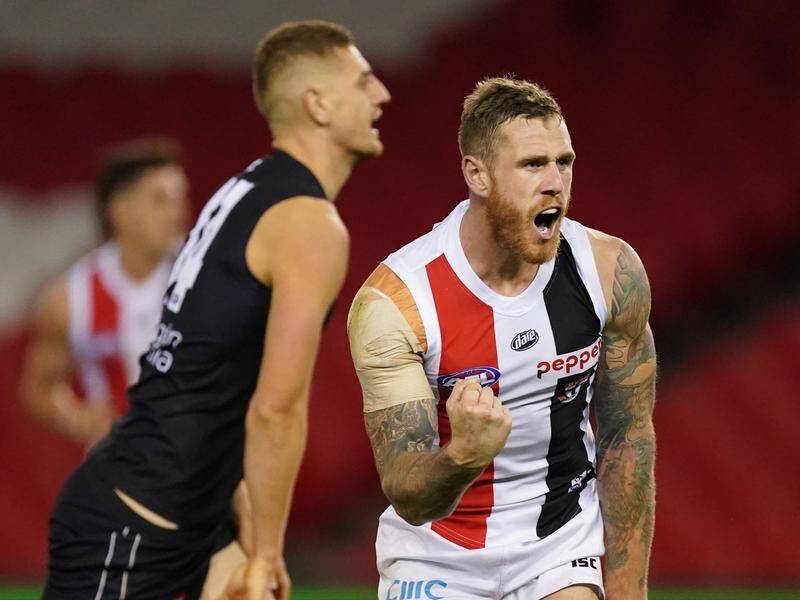 The Saints' Tim Membrey celebrates a goal in his side's 18-point win over Carlton.