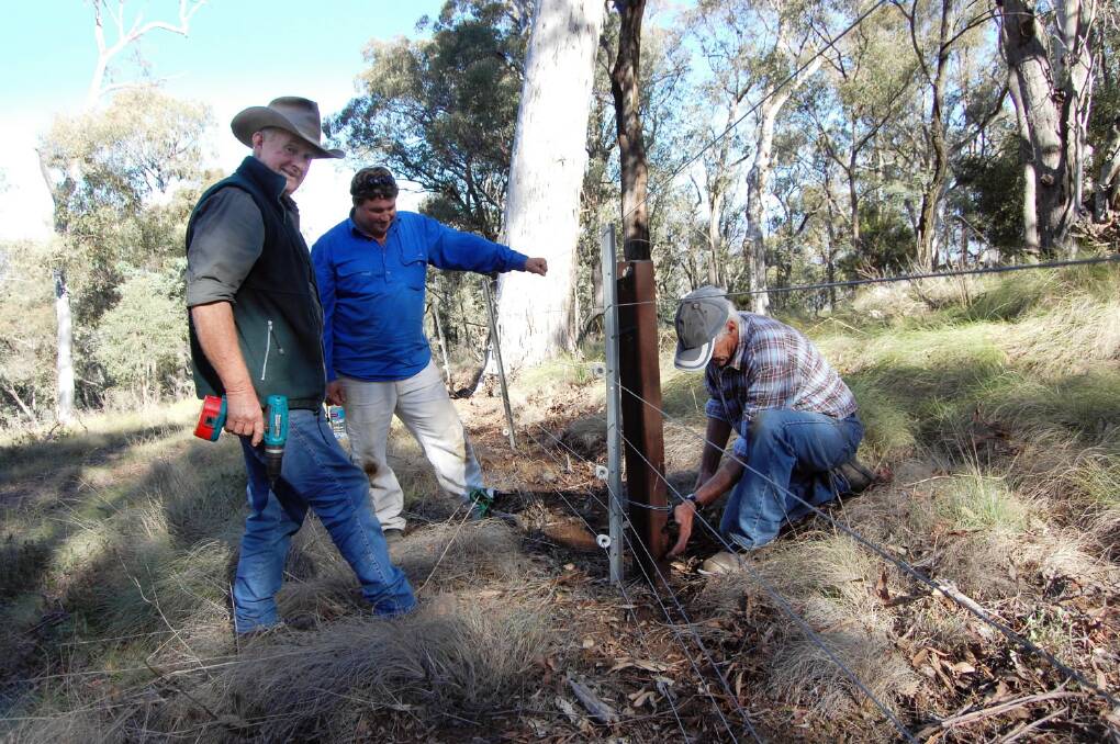 Ian Campbell, Tim Wood and David Star at work on the wild dog exclusion fence near Tallangatta.