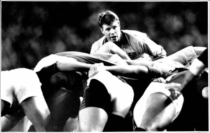 At the test (1st) Rugby Union between Australia and Sth Africa. Nick Farr-Jones behind pack. July 31, 1993. (Photo by Craig Golding/Fairfax Media).