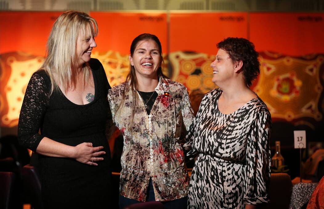 Tammy Campbell celebrated with friends Leonie McIntosh, who won scholar of the year at the La Trobe NAIDOC Awards, and Ruth Davys at The Cube last night. Picture: JOHN RUSSELL