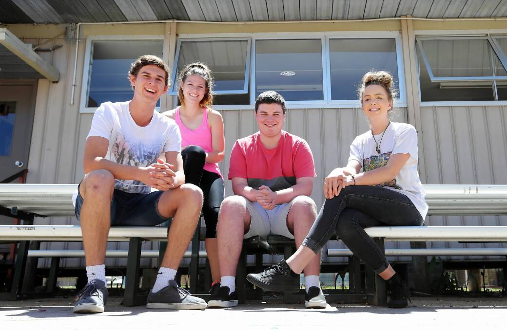 Catholic College Wodonga students Mitch Cowan, Ainslee O’Connell, Andrew Wain and Rachel Henderson are delighted their first exam, English, is done and dusted. Picture: JOHN RUSSELL