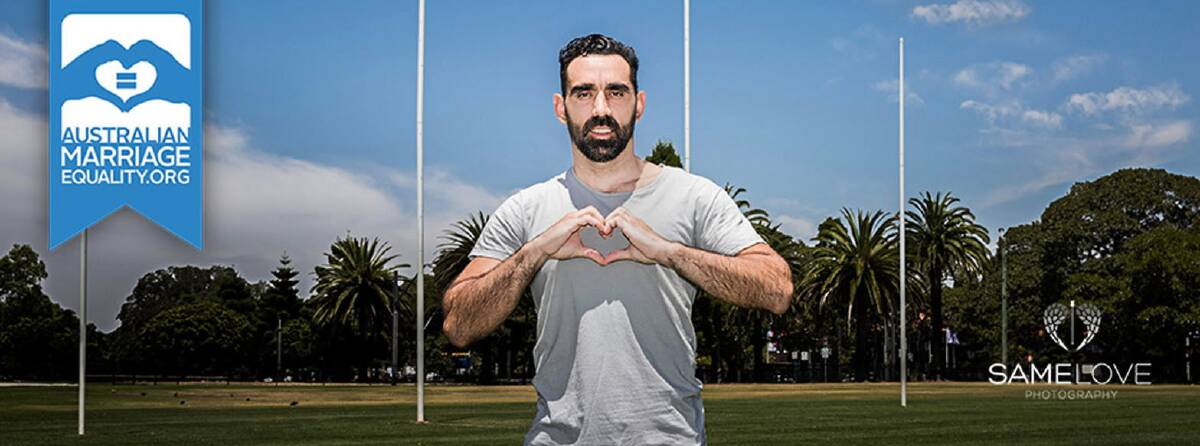Adam Goodes, pictured in an advertisement supporting gay marriage, has been touted as a possible Nationals candidate for Indi.